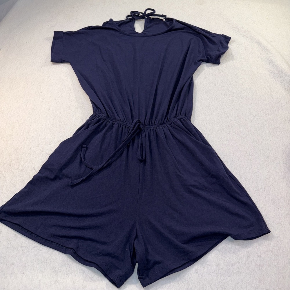 Navy Short Sleeve Romper Size Med Elastic Drawstring Waist Pockets Knit Jumpsuit